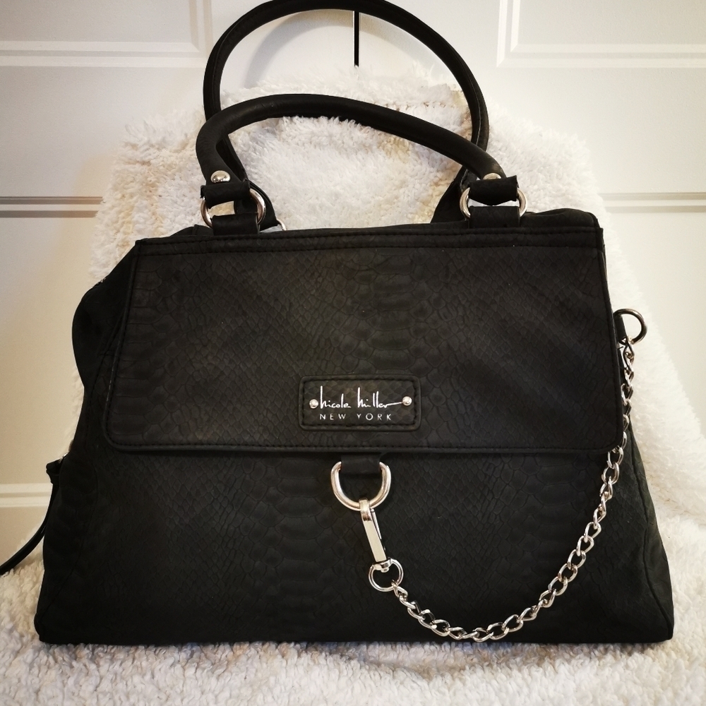 Nicole Miller Black Textured Shoulder Bag with Chain Accent